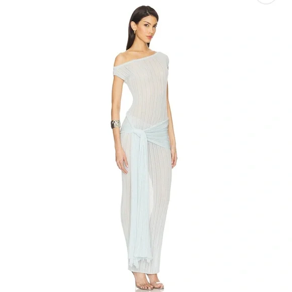 Camila coehlo Callie Sheer Midi Knit Dress in Powder Blue Off-Shoulder Dress